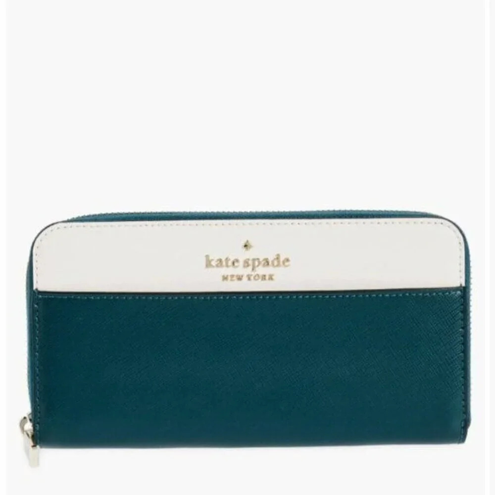 NWT Kate Spade Staci Continental Large Wallet Peacock Green Cream Gold Accent
